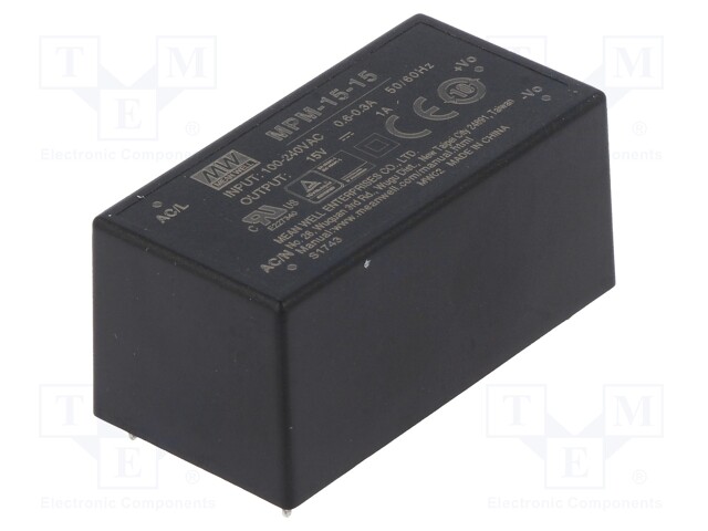 AC/DC MUUNNIN - 15W - TULOJÄNNITE 80÷264VAC - 15VDC - ILÄH: 1A - OUT: 1 - 87% - AC/DC muuntimet - MPM-15-15 - 1