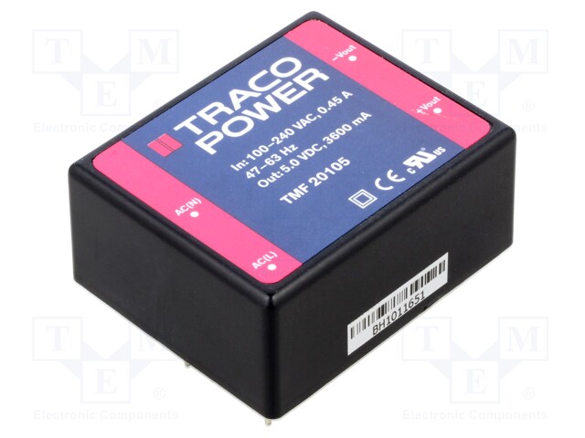 AC/DC MUUNNIN - 18W - TULOJÄNNITE 90÷264VAC,120÷370VDC - LÄHTÖJÄNNITE 5VDC - 78% - AC/DC muuntimet - TMF20105 - 1