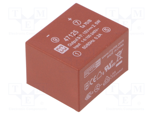 AC/DC MUUNNIN - 2,5W - TULOJÄNNITE 85÷265VAC,120÷370VDC - LÄHTÖJÄNNITE 15VDC - 75% - AC/DC muuntimet - MYRRA-47125 - 1
