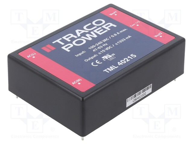 AC/DC MUUNNIN - 40W - TULOJÄNNITE 90÷264VAC,100÷375VDC - LÄHTÖJÄNNITE 15VDC - OUT: 2 - AC/DC muuntimet - TML40215 - 1