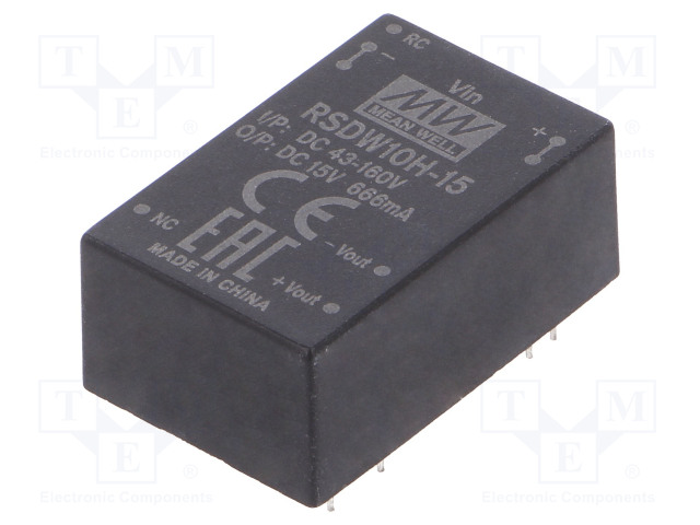 DC/DC MUUNNIN - 10W - TULOJÄNNITE 43÷160VDC - LÄHTÖJÄNNITE 15VDC - ILÄH: 666MA - DIP24 - DC/DC muuntimet - RSDW10H-15 - 1