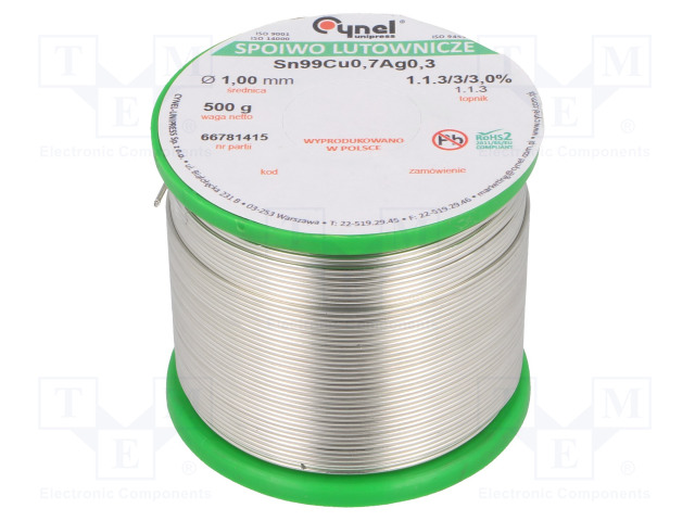 LYIJYTÖN TINA - SN99CU0,7AG0,3 - 1MM - 500G - KELA - 216÷227°C - 3% - Juotostinat ja muut juotosaineet - SAC0307-1.00.5 - 1