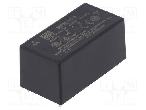 AC/DC MUUNNIN - 15W - TULOJÄNNITE 80÷264VAC - 5VDC - ILÄH: 3A - OUT: 1 - 85,5% - AC/DC muuntimet - MPM-15-5 - 1