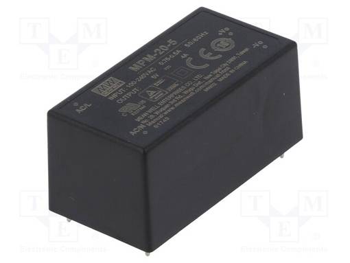 AC/DC MUUNNIN - 20W - TULOJÄNNITE 80÷264VAC - 5VDC - ILÄH: 4A - OUT: 1 - 85% - PCB - AC/DC muuntimet - MPM-20-5 - 1