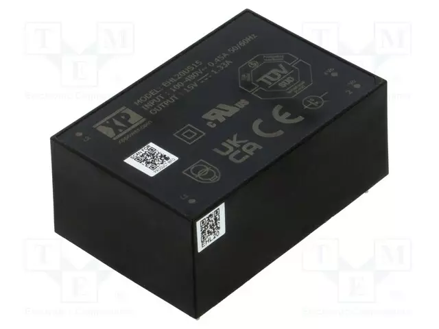 AC/DC MUUNNIN - 20W - LÄHTÖJÄNNITE 15VDC - ILÄH: 1,33A - OUT: 1 - 86% - EHL - THT - AC/DC muuntimet - EHL20US15 - 1