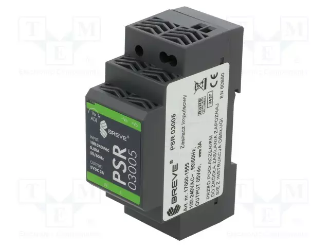 VIRTALÄHDE: IMPULSSI - DIN-KISKOLLE - 15W - 5VDC - 3A - 85÷264VAC - IP20 - DIN-kisko virtalähteet - PSR-03005 - 1