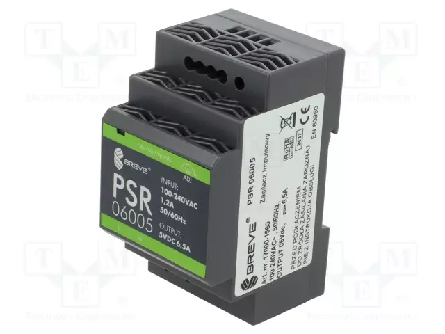 VIRTALÄHDE: IMPULSSI - DIN-KISKOLLE - 32,5W - 5VDC - 6,5A - 85÷264VAC - DIN-kisko virtalähteet - PSR-06005 - 1