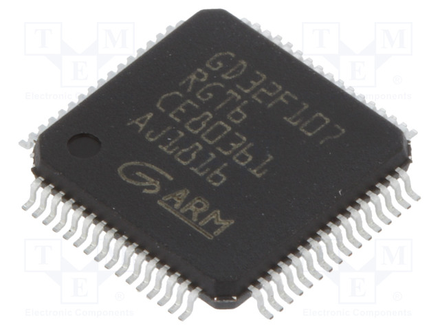 IC: ARM-MIKROOHJAIN - LQFP64 - 96KBSRAM,1024KBFLASH - 3,3VDC - 0÷70°C - Mikrokontrollerit - muut - GD32F107RGT6 - 1