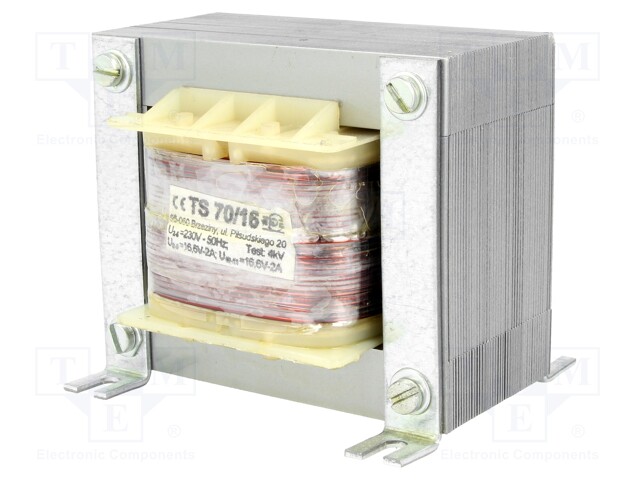 MUUNTAJA: VERKKOMUUNTAJA - 70VA - 230VAC - 16,6V - 16,6V - 2A - 2A - RUUVI- - Muuntajat kiinnityksen kanssa - TS7016 - 1