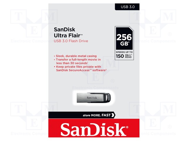PENDRIVE - USB 3.0 - 256GB - R: 150MB/S - ULTRA FLAIR - MUSTA - USB A - USB muistit - SDCZ73-256G-G46 - 1