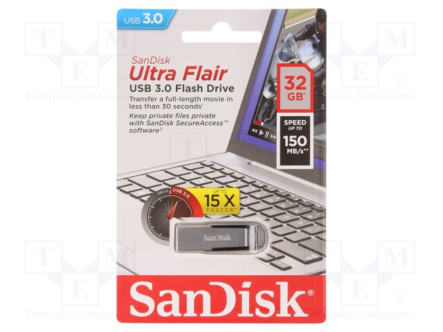 PENDRIVE - USB 3.0 - 32GB - R: 150MB/S - ULTRA FLAIR - MUSTA - USB A - USB muistit - SDCZ73-032G-G46 - 1