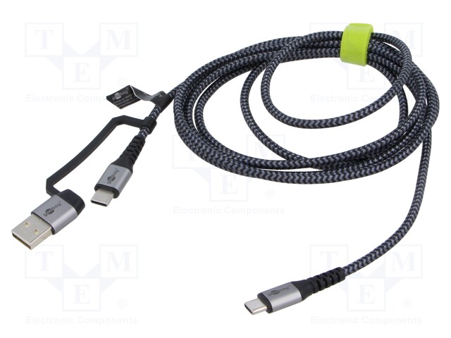 goobay Cable 2 en 1 USB C a USB C y USB A/cable textil USB máx. 60 W y 480 Mbits/adaptador para dispositivos USB-A/portátil tableta iPhone/multiadaptador con protección contra dobleces / 1m