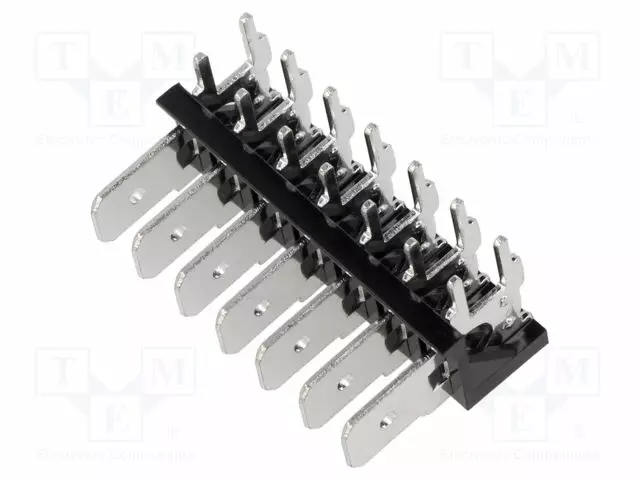 LIITIN: LIITÄNTÄRIMA - 6,3MM - THT - 250V - 90° KULMA - NAVAT: 7 - 12A - Juotoskorvat ja kaapeliliittimet - PCB - XY256R-A-7P5.08 - 1