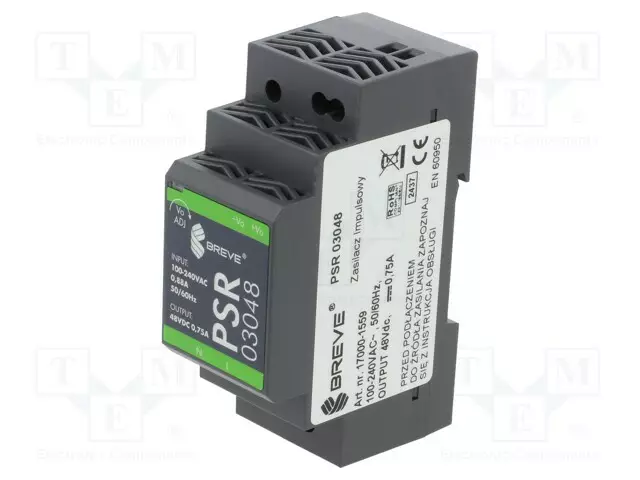 VIRTALÄHDE: IMPULSSI - DIN-KISKOLLE - 36W - 48VDC - 750MA - 85÷264VAC - DIN-kisko virtalähteet - PSR-03048 - 1