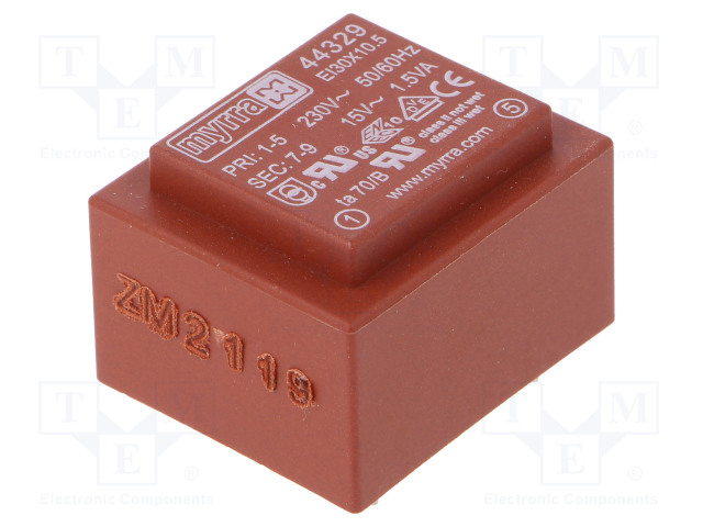 MUUNTAJA - 1,5VA - 230VAC - 15V - 100MA - PCB - Piirilevymuuntajat - MYRRA-44329 - 1