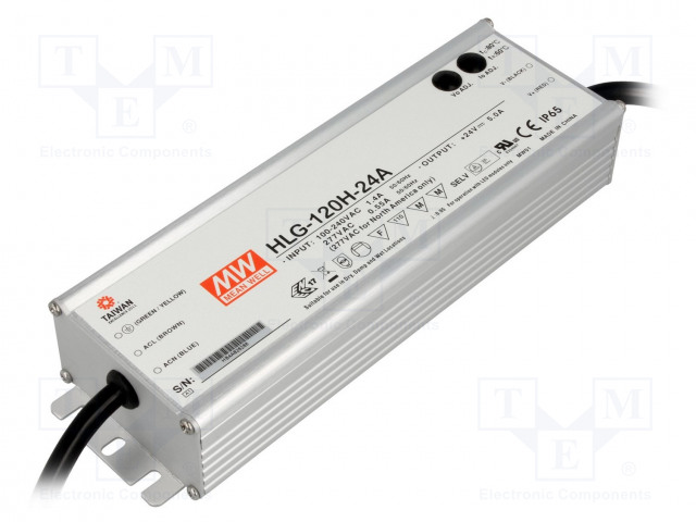 VIRTALÄHDE: IMPULSSI - LED - 120W - 24VDC - 2,5÷5A - 90÷305VAC - IP65 - LED teholähteet - HLG-120H-24A - 1