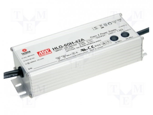 VIRTALÄHDE: IMPULSSI - LED - 60W - 24VDC - 1,5÷2,5A - 90÷305VAC - IP65 - LED teholähteet - HLG-60H-24A - 1