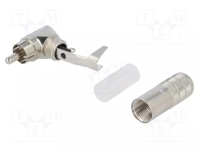 LIITIN: RCA - PISTOKE - UROS - 90° KULMA - JUOTETTAVA - HOPEA - RCA liittimet - 3502RA - 1