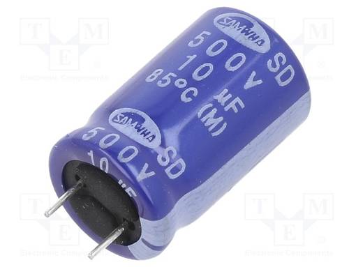 ELEKTROLYYTTIKONDENSAATTORI - THT - 10UF - 500VDC - Elektrolyyttikondensaattorit - pysty - SD2H106M12020CB - 1