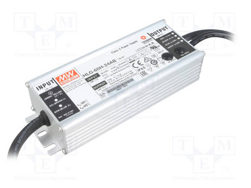 VIRTALÄHDE: IMPULSSI - LED - 60W - 24VDC - 1,5÷2,5A - 90÷305VAC - IP65 - LED teholähteet - HLG-60H-24AB - 1