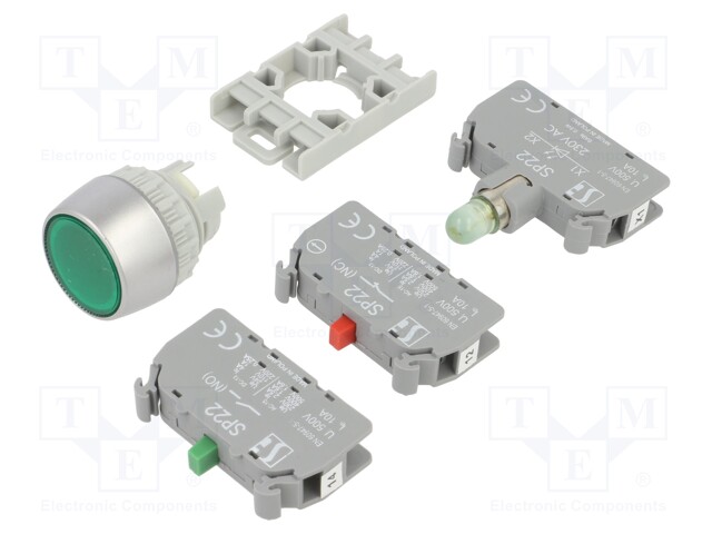 PAINOKYTKIN - 22MM - ASENNOT: 1 - NC + NO - VIHREÄ - LED - Taulukytkimet, standardi 22mm - SP22-KLZ11230LEDAC - 1