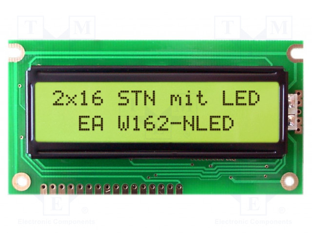 LCD NÄYTTÖ - AAKKOSNUMEERINEN - STN POSITIVE - 16X2 - KELTAVIHREÄ - Aakkosnumeeriset LCD-näytöt - EAW162-NLED - 1