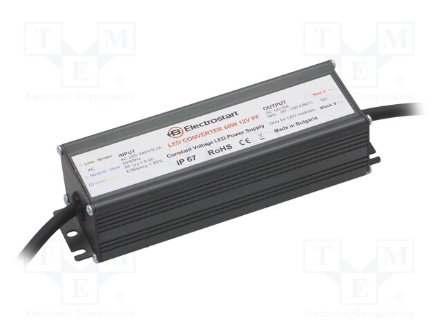 VIRTALÄHDE: IMPULSSI - 60W - 12VDC - 5A - 180÷295VAC - IP67 - 140X48X35MM - LED teholähteet - LED-60-12-PF - 1