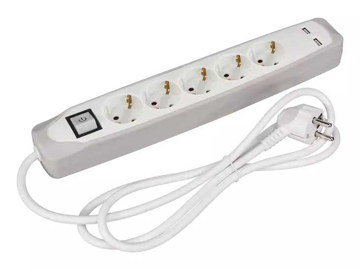 5-WAY SOCKET OUTLET WITH SWITCH - 2 USB PORTS - GREY/WHITE - SCHUKO - Jatkojohdot ja -haaroittimet - EB5CGUSB-G - 1