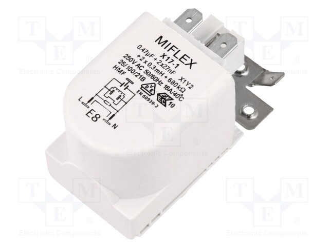 SUODATIN: HÄIRIÖSUOJA-250VAC - CX: 0,47UF - CY: 27NF - 0,3MH - 680KOHM - Häiriönpoistosuotimet - X17-1-BH - 1