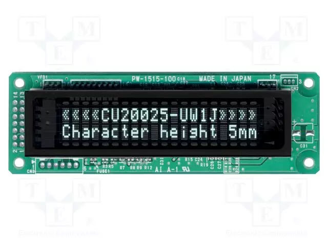 NÄYTTÖ: VFD - AAKKOSNUMEERINEN - 20X2 - MERKKI: 4,7MM - 350CD/M2 - VFD-näytöt - CU20025-UW1J - 1