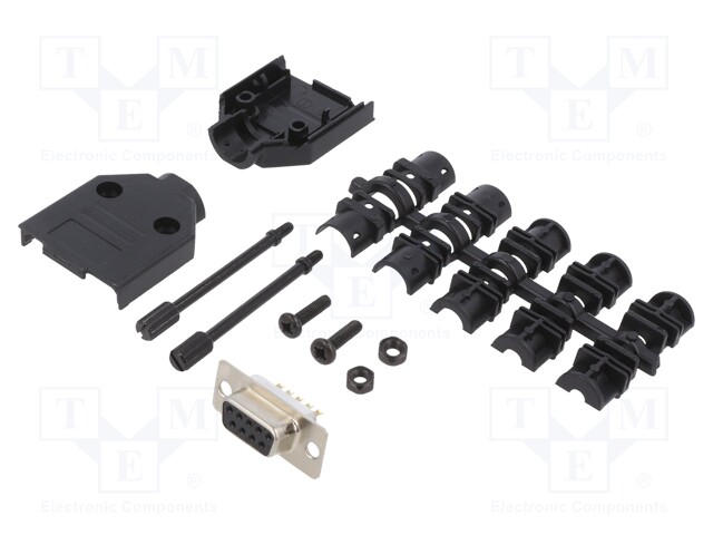 LIITIN: D-SUB - PIN: 9 - PISTOKE - NAARAS - JUOTETTAVA - JOHTOON - MUSTA - D liittimet - DTPK-P-09-DMS-K - 1