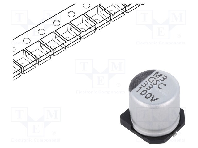 ELEKTROLYYTTIKONDENSAATTORI - SMD - 33UF - 100VDC - Elektrolyyttikondensaattorit - vaaka - GSC00AG3302AARL - 1
