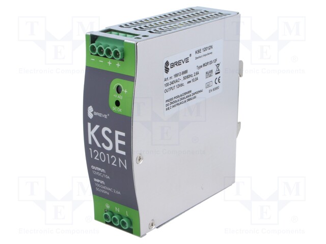 VIRTALÄHDE: IMPULSSI - DIN-KISKOLLE - 120W - 12VDC - 10A - 85÷264VAC - DIN-kisko virtalähteet - KSE-12012M - 1