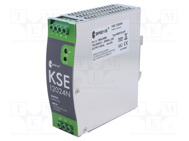 VIRTALÄHDE: IMPULSSI - DIN-KISKOLLE - 120W - 24VDC - 5A - 85÷264VAC - DIN-kisko virtalähteet - KSE-12024M - 1
