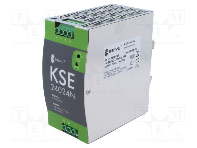 VIRTALÄHDE: IMPULSSI - DIN-KISKOLLE - 240W - 24VDC - 10A - 85÷264VAC - DIN-kisko virtalähteet - KSE-24024M - 1