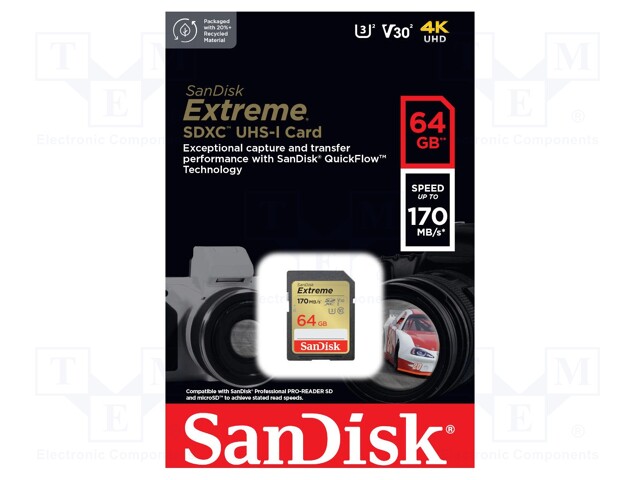 MUISTIKORTTI - SDXC - 64GB - EXTREME - UHS I U3 V30 - R: 170MB/S - Muistikortit - SDSDXV2-064G-GNCIN - 1