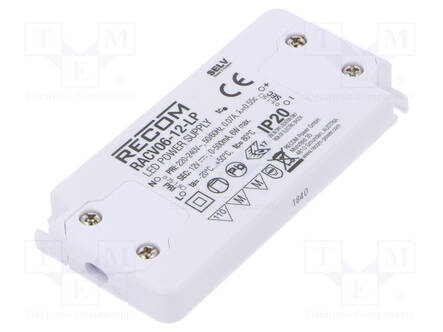 VIRTALÄHDE: IMPULSSI - LED - 6W - 12VDC - 500MA - 198÷264VAC - IP20 - 77% - LED teholähteet - RACV06-12-LP - 1