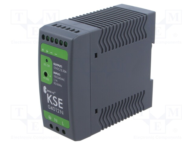 VIRTALÄHDE: IMPULSSI - DIN-KISKOLLE - 39,9W - 12VDC - 3,33A - 85÷264VAC - DIN-kisko virtalähteet - KSE-04012P - 1