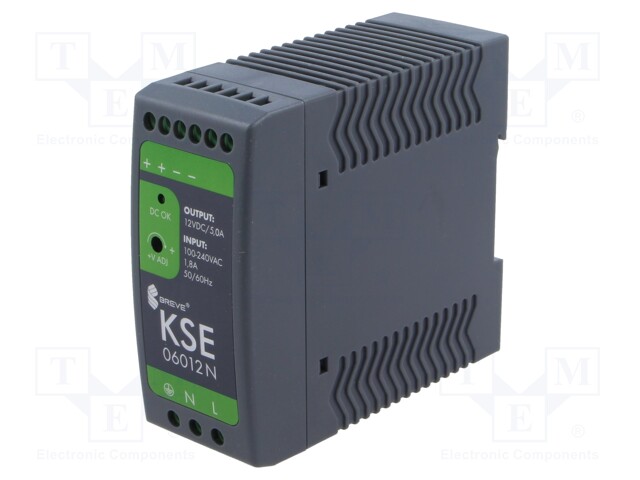 VIRTALÄHDE: IMPULSSI - DIN-KISKOLLE - 60W - 12VDC - 5A - 85÷264VAC - IP20 - DIN-kisko virtalähteet - KSE-06012P - 1