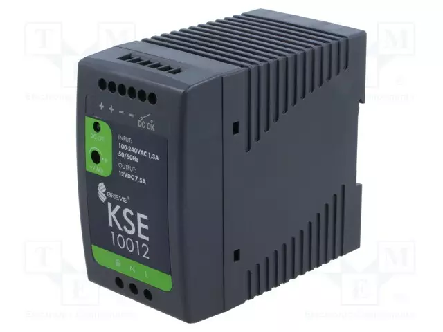 VIRTALÄHDE: IMPULSSI - DIN-KISKOLLE - 90W - 12VDC - 7,5A - 85÷264VAC - DIN-kisko virtalähteet - KSE-10012P - 1