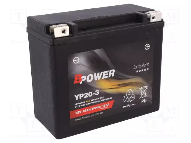 AKKU: LYIJYHAPPO - 12V - 18AH - AGM - AUTOMAATTINEN,OIKEA + - 330A - Lyijyhyytelöakut - ACCU-YP20-3BP - 1