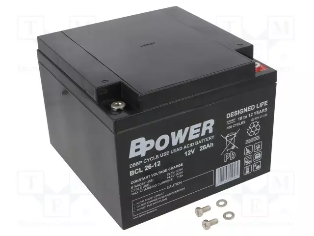 AKKU: LYIJYHAPPO - 12V - 26AH - AGM - AUTOMAATTINEN - 166X175X125MM - Lyijyhyytelöakut - ACCU-BCL26-12BP - 1