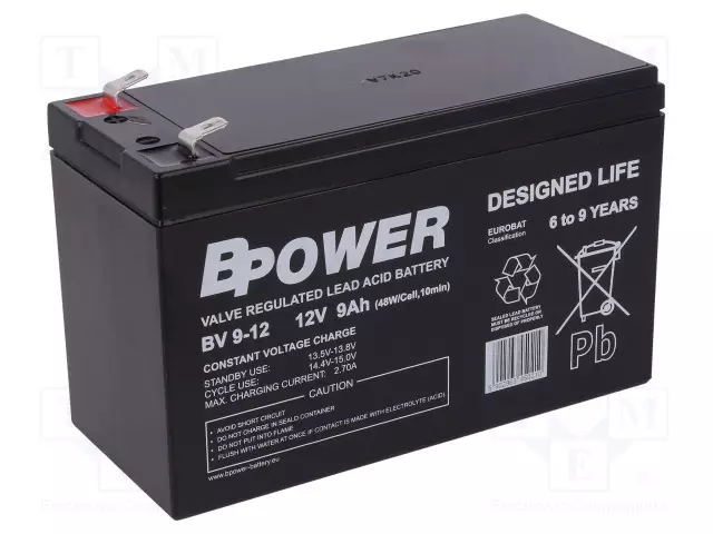 AKKU: LYIJYHAPPO - 12V - 9AH - AGM - AUTOMAATTINEN - BV - JOH.KOOT: 6,35MM - Lyijyhyytelöakut - ACCU-BV9-12BP - 1