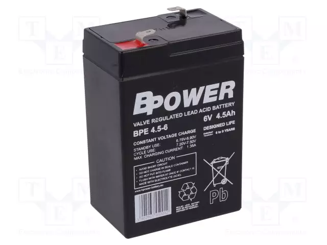 AKKU: LYIJYHAPPO - 6V - 4,5AH - AGM - AUTOMAATTINEN - BPE - 0,8KG - Lyijyhyytelöakut - ACCU-BPE4.5-6BP - 1