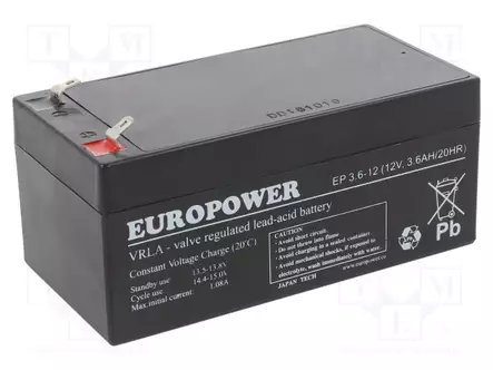 AKKU: LYIJYHAPPO - 12V - 3,6AH - AGM - AUTOMAATTINEN - EP - Lyijyhyytelöakut - ACCU-EP3.6-12EUR - 1