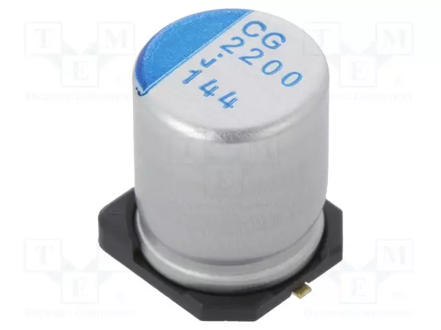 KONDENSAATTORI: POLYMEERI-LOW ESR - H: 12,7MM - 2200UF - 6,3VDC - SMD-polymeerikondensaattorit - PCG0J222MCL1GS - 1
