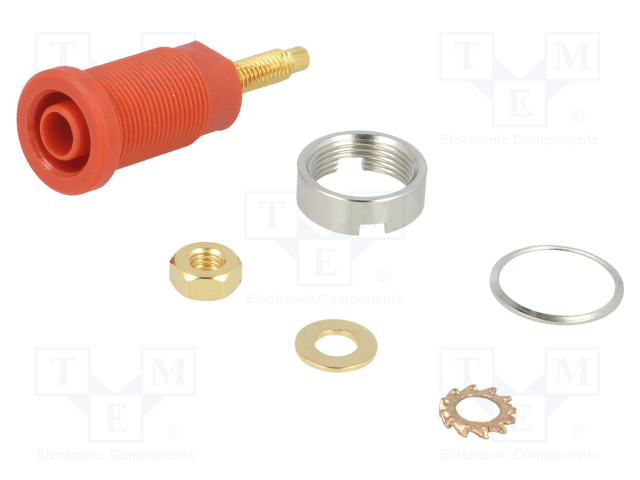 LABORATORY CONNECTOR: 4MM BANANA - SOCKET - 1KV - 32A - PUNAINEN - ON PANEL - Banaanijatkoliittimet - SEB6446AU-RT - 1