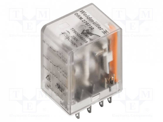 RELE - DPDT - UKELAN: 12VDC - 10A/250VAC - ALUSLEVY - Teollisuusreleet - DRM270012LT - 1