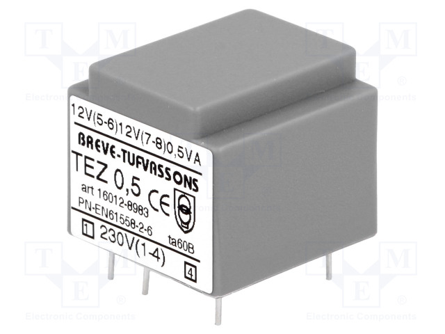 MUUNTAJA: KOTELOITU - 0,5VA - 230VAC - 12V - 12V - 20,8MA - 20,8MA - PCB - Piirilevymuuntajat - TEZ0.5D12-12V - 1