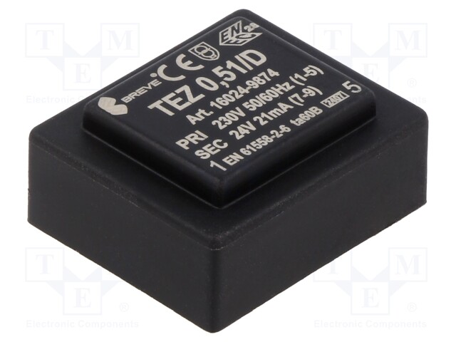MUUNTAJA - 0,5VA - 230VAC - 24V - PCB - IP00 - TEZ - A: 28MM - Piirilevymuuntajat - TEZ0.51D24V - 1